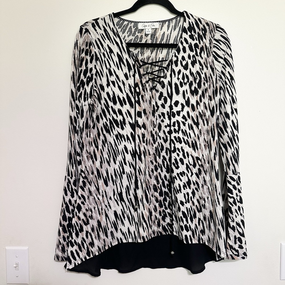Coffee & Cake Blouse Womens Size S Animal Print Lace-Up Sheer‎ Back Mob Wife